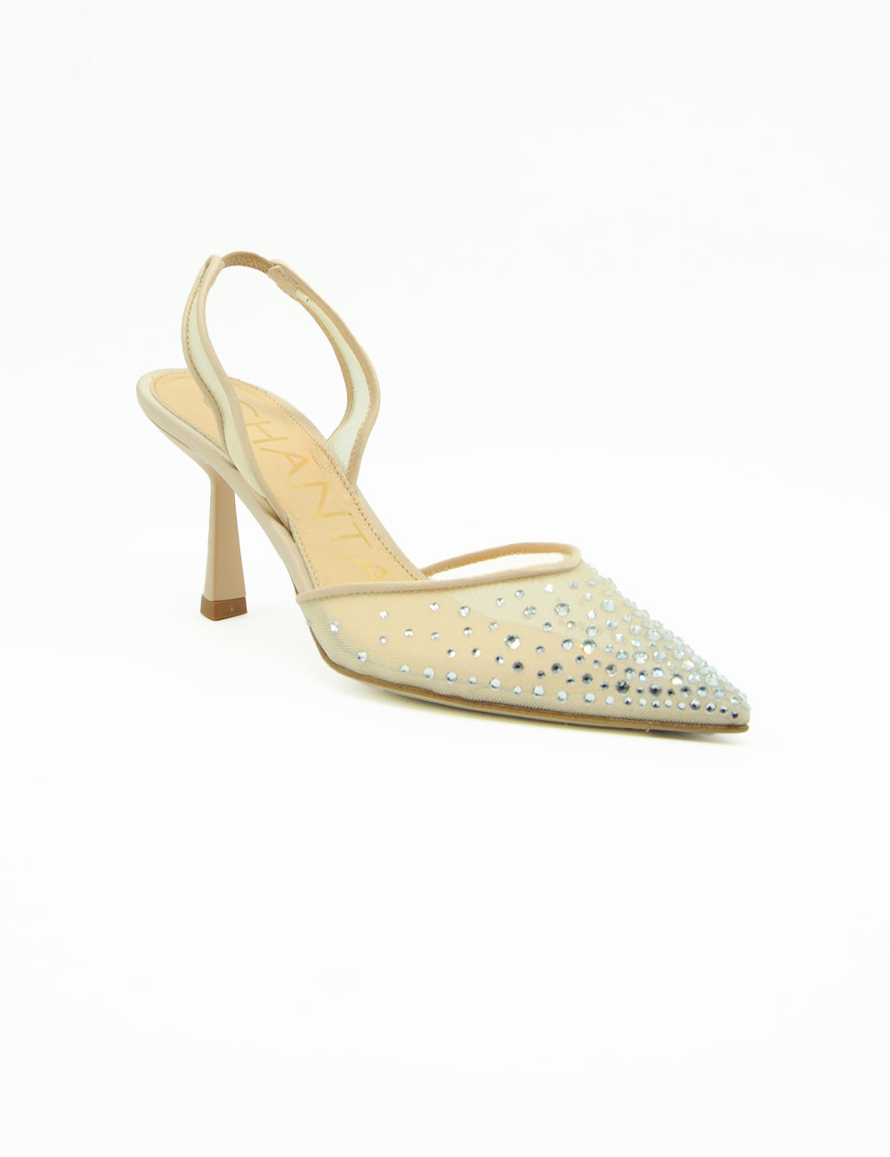 Chantal Décolleté Slingback Mesh: tacco slingback beige con cristalli e stiletto