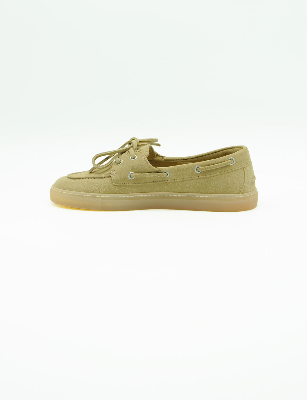 Mocassino barca Copenhagen in camoscio beige con lacci coordinati e fibbie argento