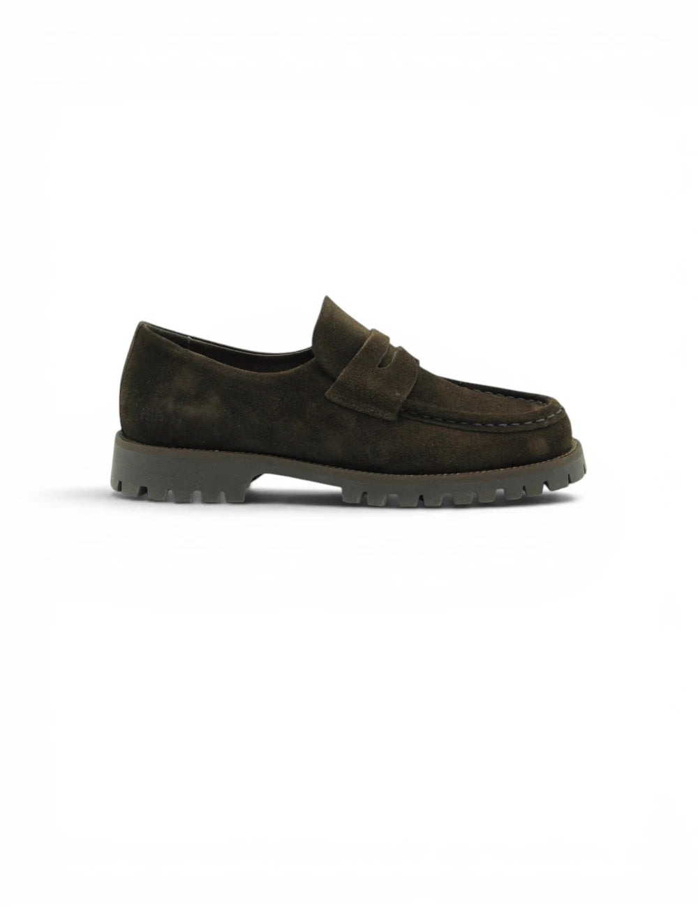 Mocassino copenhagen chocolate in camoscio verde oliva scuro con suola in gomma nera e fascia penny classica