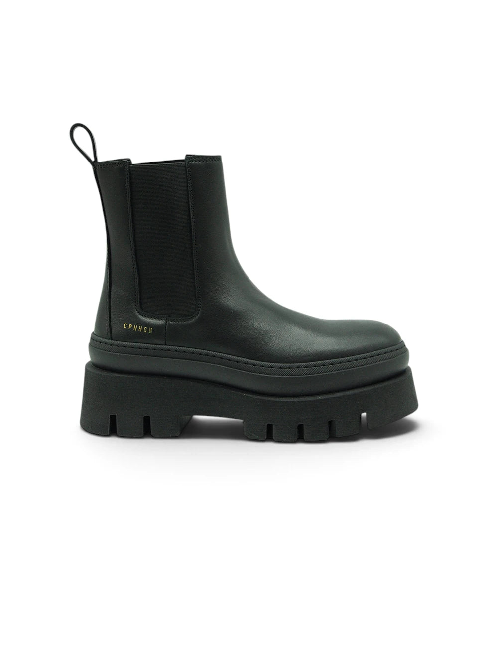 Stivale chelsea copenhagen nero in pelle nera con suola platform chunky e pannelli elastici laterali