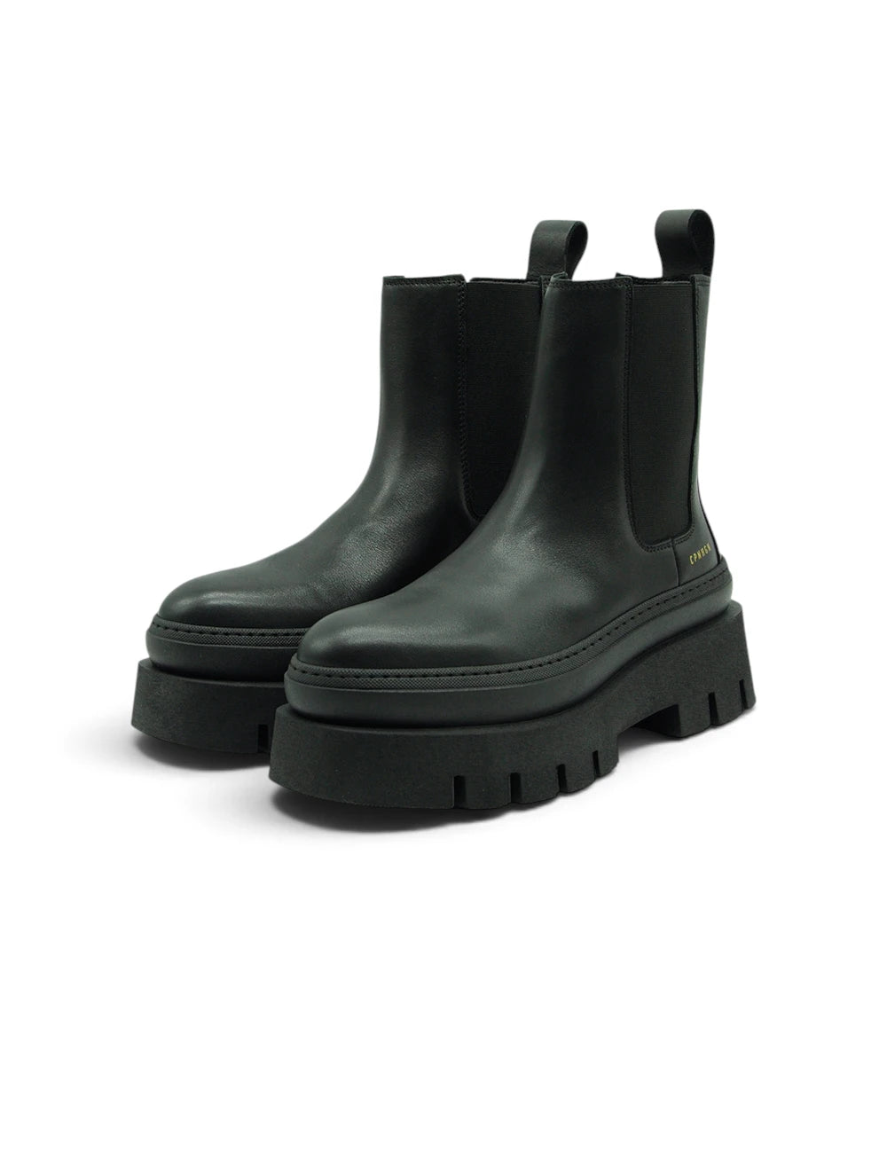 Stivaletti chelsea copenhagen nero in pelle nera con suola platform chunky e pannelli elastici laterali
