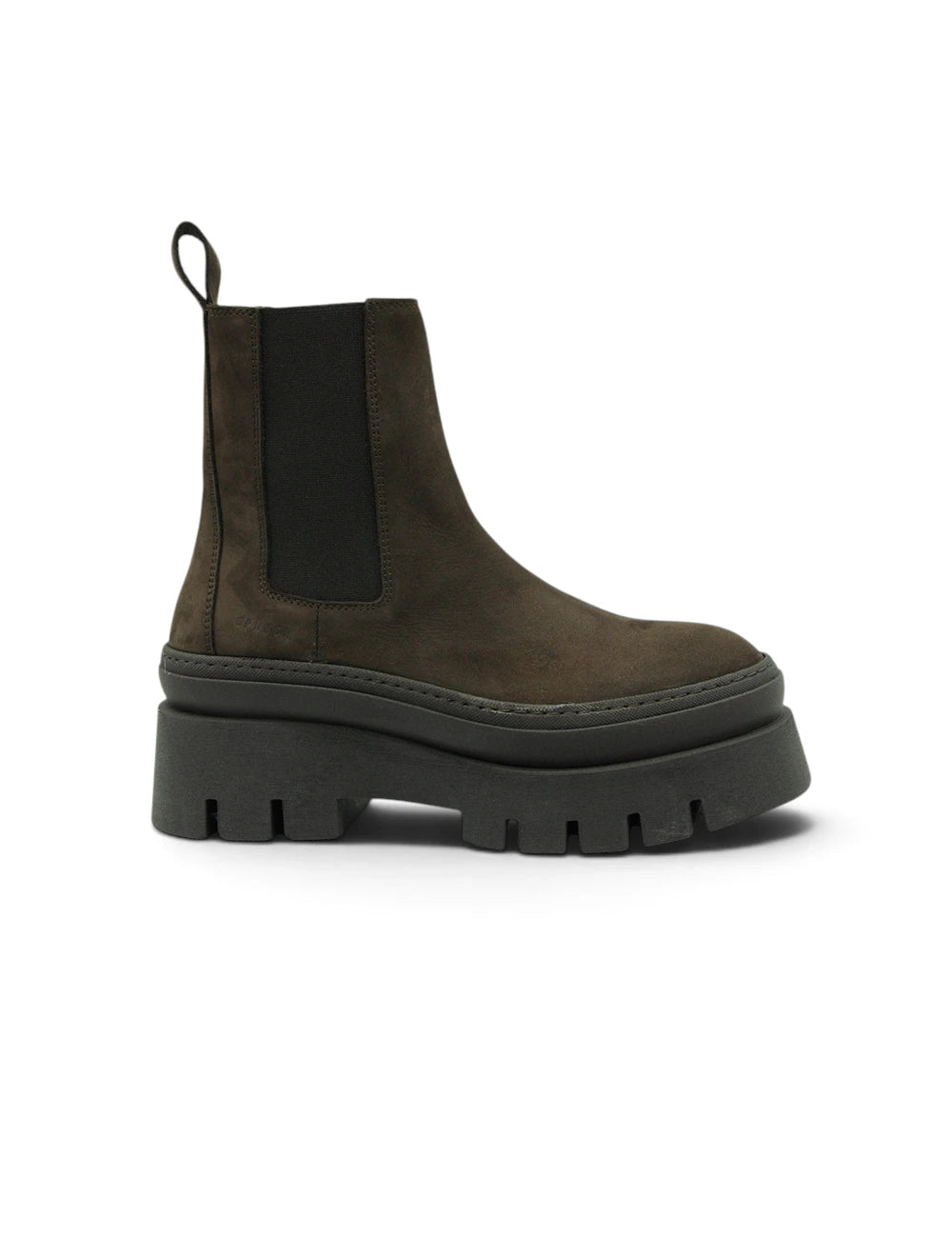 Stivaletto chelsea copenhagen chocolate in camoscio oliva scuro con suola spessa in gomma nera e pannelli elastici laterali