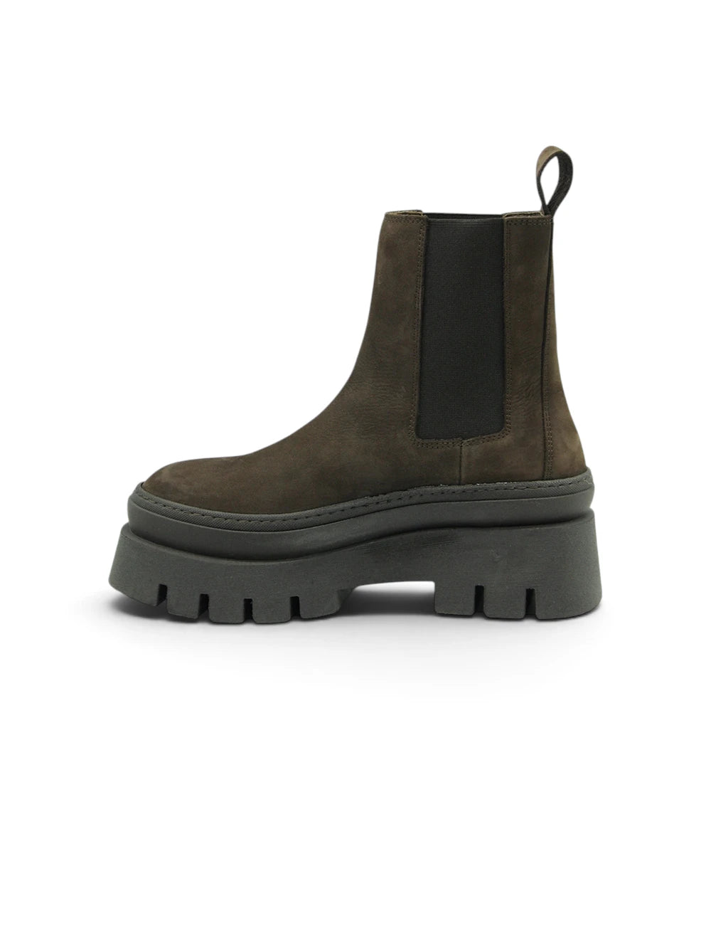 Dark olive suede copenhagen chelsea boot with chunky black rubber sole and elastic side panels