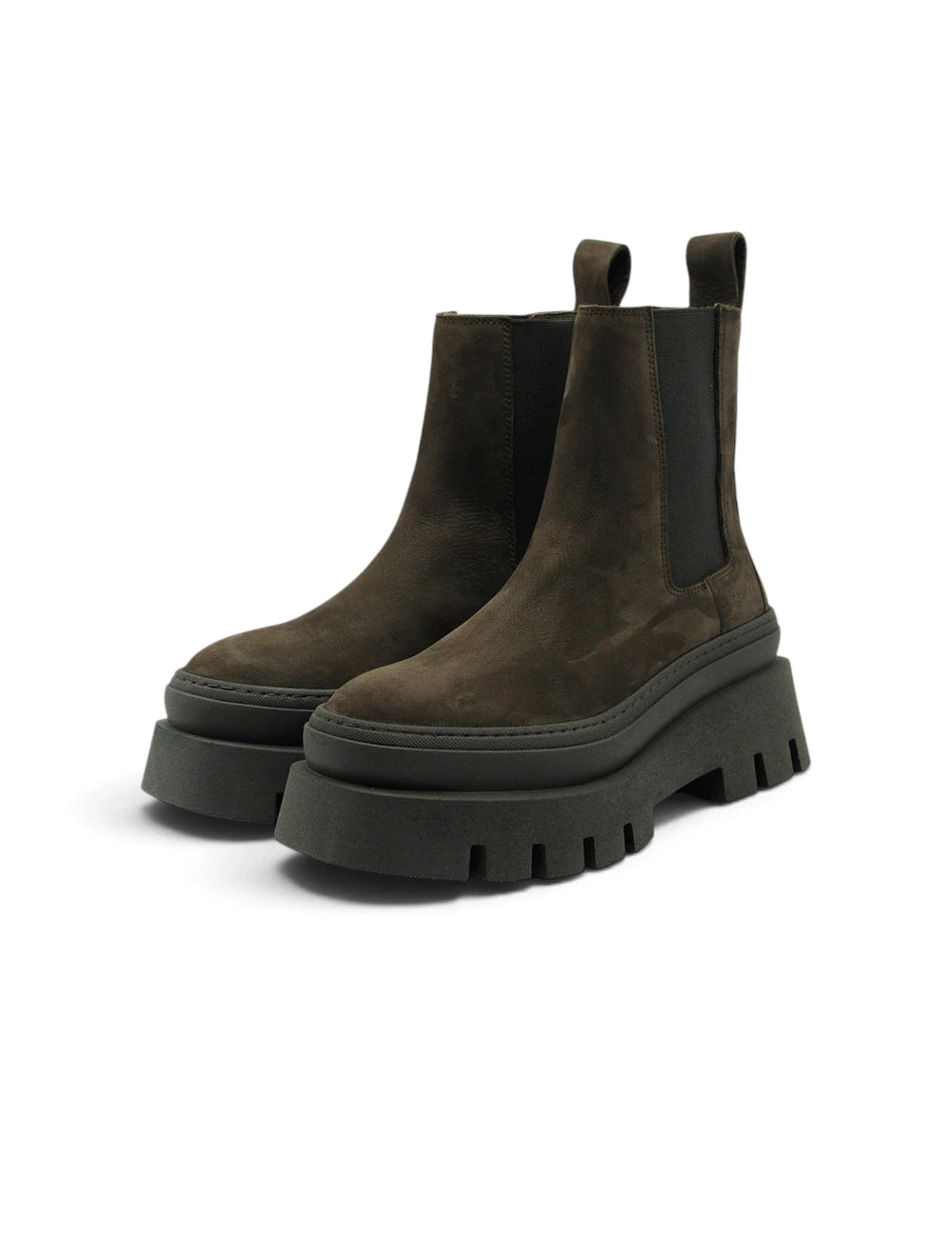 Dark olive suede copenhagen chelsea boot chocolate con suola nera spessa e pannelli elastici ai lati
