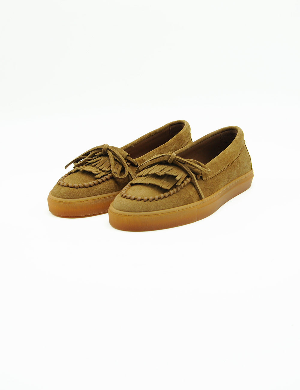 Mocassini ballerina Copenhagen New Brown in camoscio tan con frange e suola in gomma