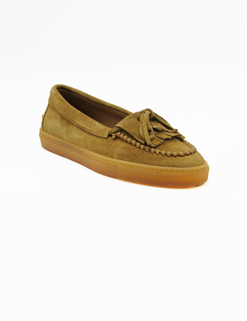 Mocassino ballerina Copenhagen New Brown in suede oliva con frange e suola in gomma beige