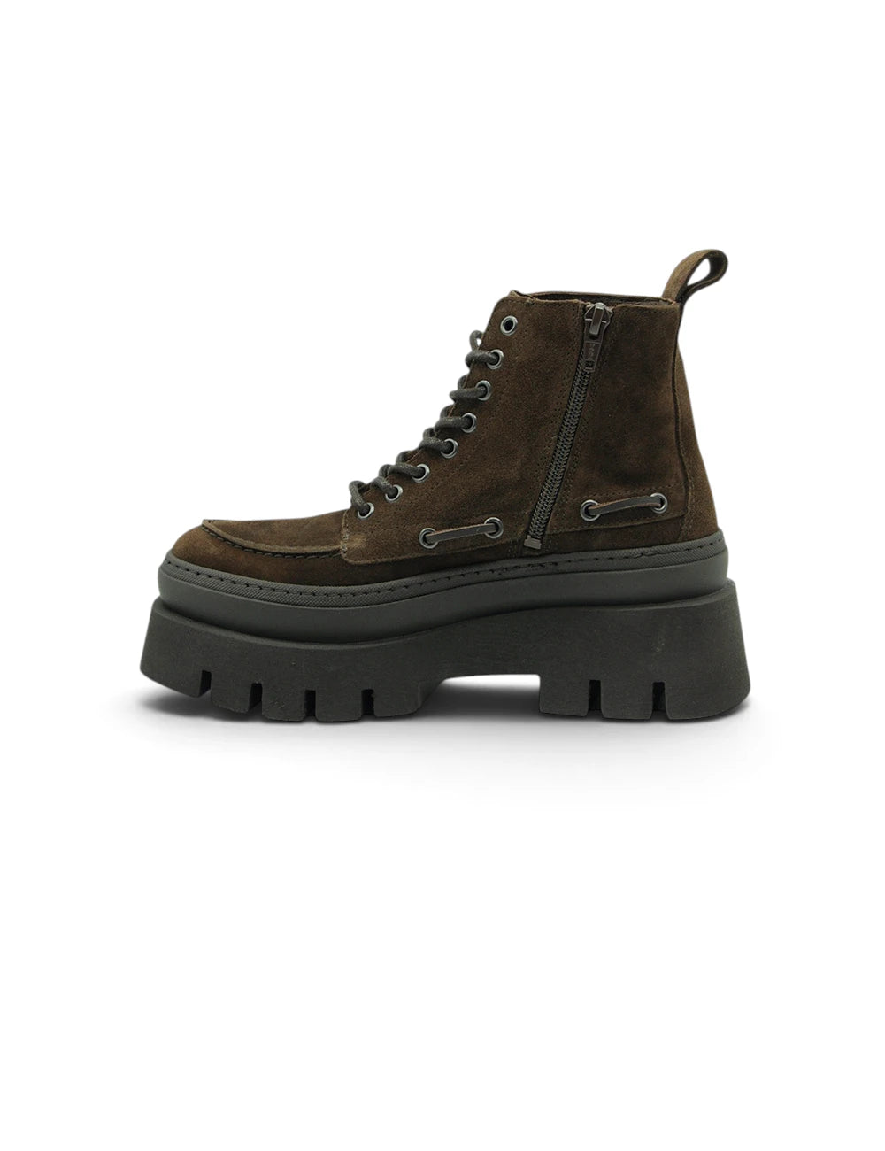 Stivaletto copenaghen stringata cioccolato in pelle scamosciata marrone scuro con suola nera chunky e zip laterale