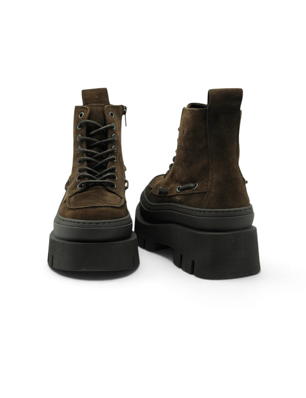 Brown suede ankle boots copenhagen stringata chocolate with black laces and chunky platform soles