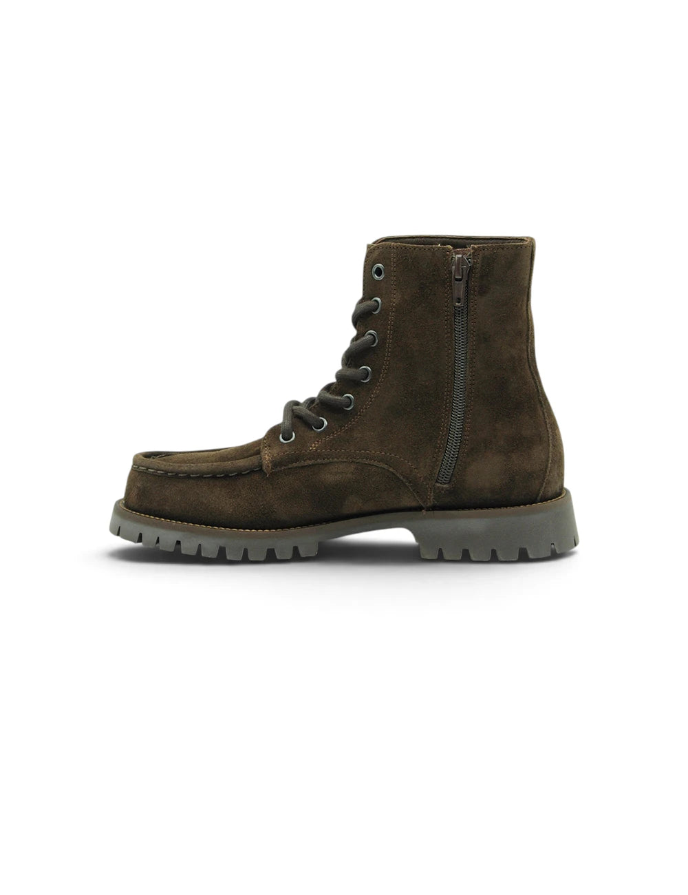Dark olive stivaletto stringato in suede con lacci neri e suola in gomma grigia contrastante copenhagen chocolate