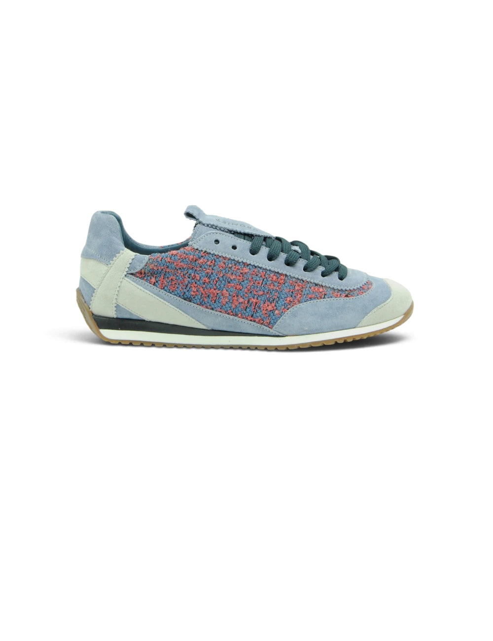 Sneaker cromier loom indigo in camoscio azzurro chiaro con pannello rosso e grigio lavorato a maglia e suola bianca