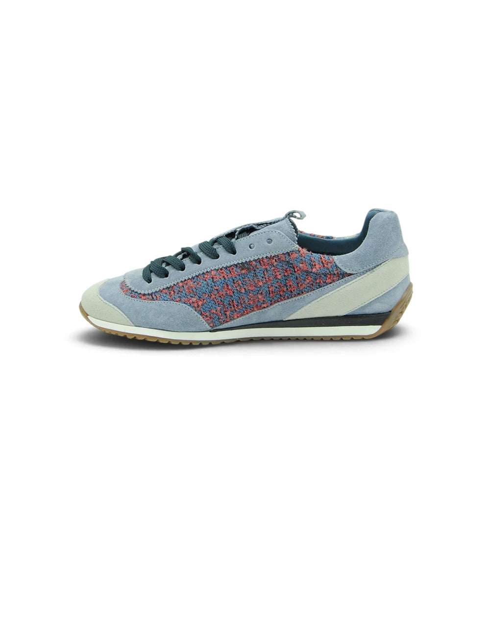 Sneaker cromier indigo in suede azzurro chiaro con pannello rosso e grigio e suola bianca