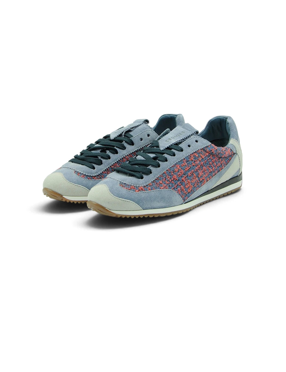 Cromier sneakers loom indigo in suede azzurro chiaro con pannello lavorato rosso e grigio e suola bianca in gomma