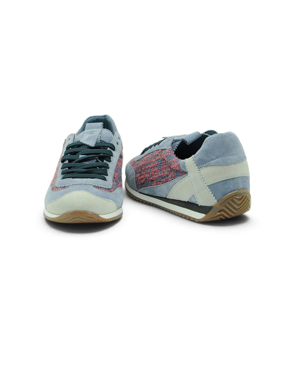 Cromier sneakers loom indigo in tessuto blu chiaro e rosso con finitura in suede, lacci verde scuro e suola in gomma color tan