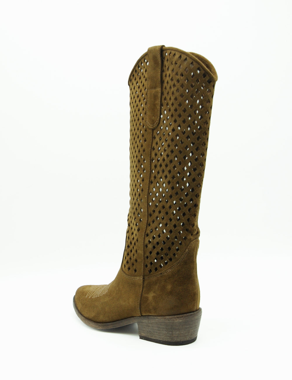Stivale texano Curiosité Coffee in suede marrone con tomaia traforata e cuciture