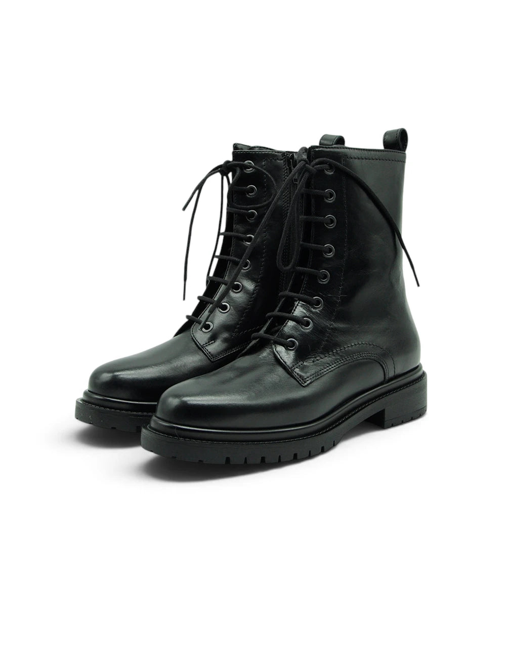 Black leather lace-up combat boots dei colli combat nero with glossy finish and chunky soles