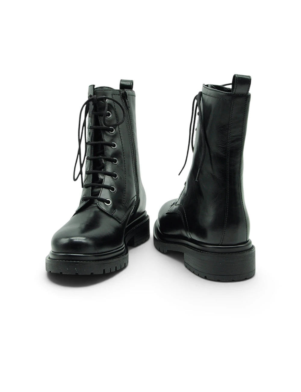 Stivali combat dei colli nero in pelle nera con suola chunky e zip laterale modello stringato