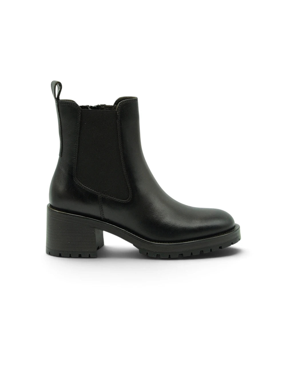 Dei colli biker ebony stivale chelsea in pelle nera con tacco chunky e pannelli elastici laterali
