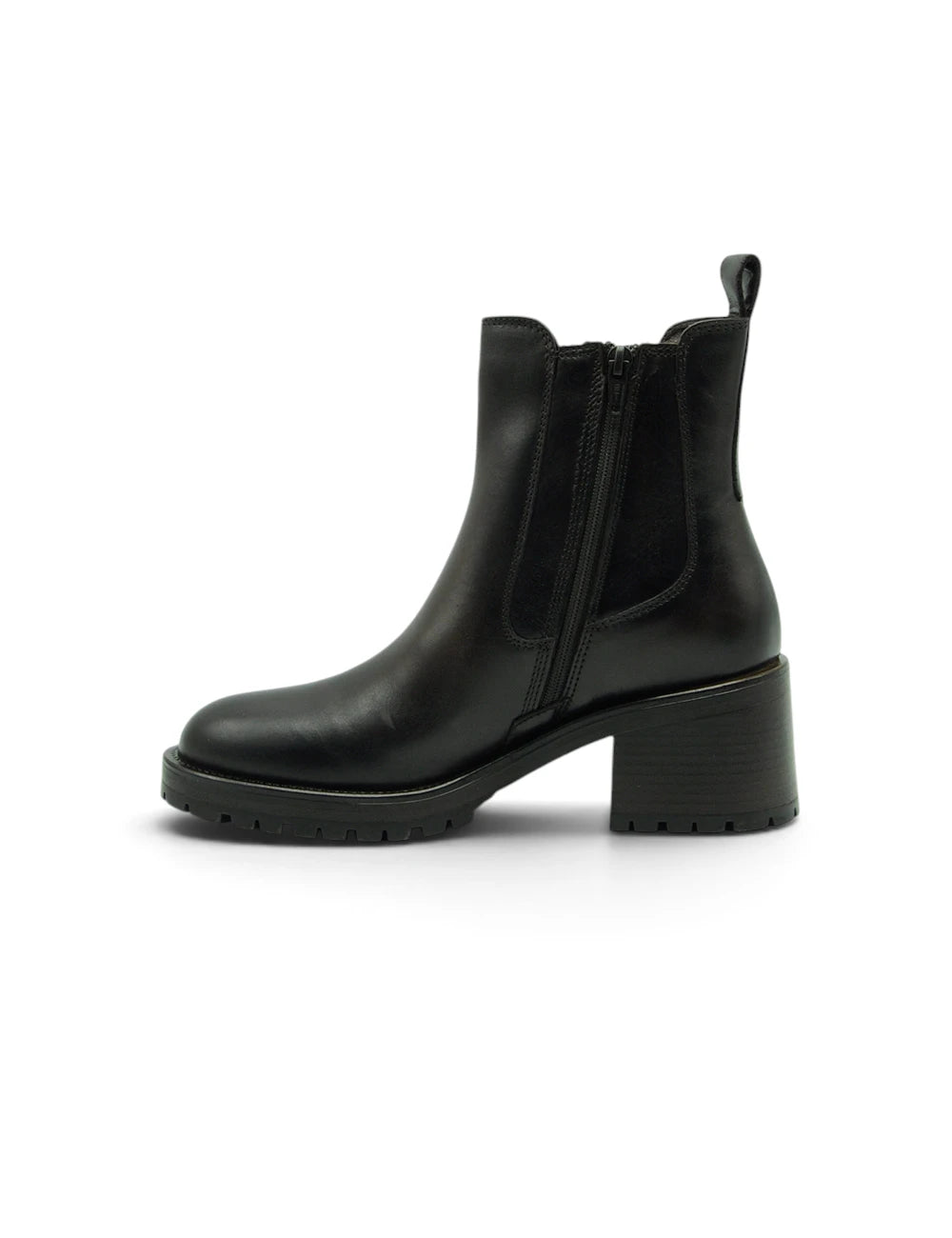 Dea colli biker ebony stivaletto chelsea in pelle nera con tacco chunky e chiusura a zip