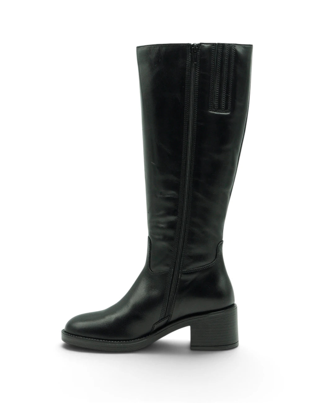 Black leather knee-high boot with chunky heel and zipper closure by Dei Colli stivale nero