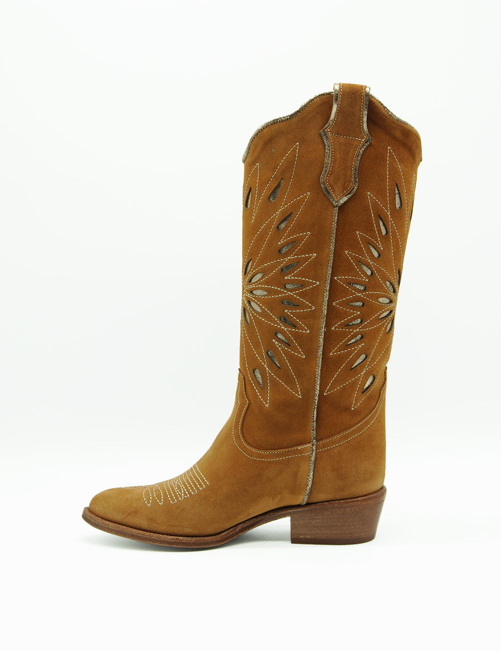 Stivale texano Duccio Del Duca in cuoio tan con ricami bianchi e fiori traforati