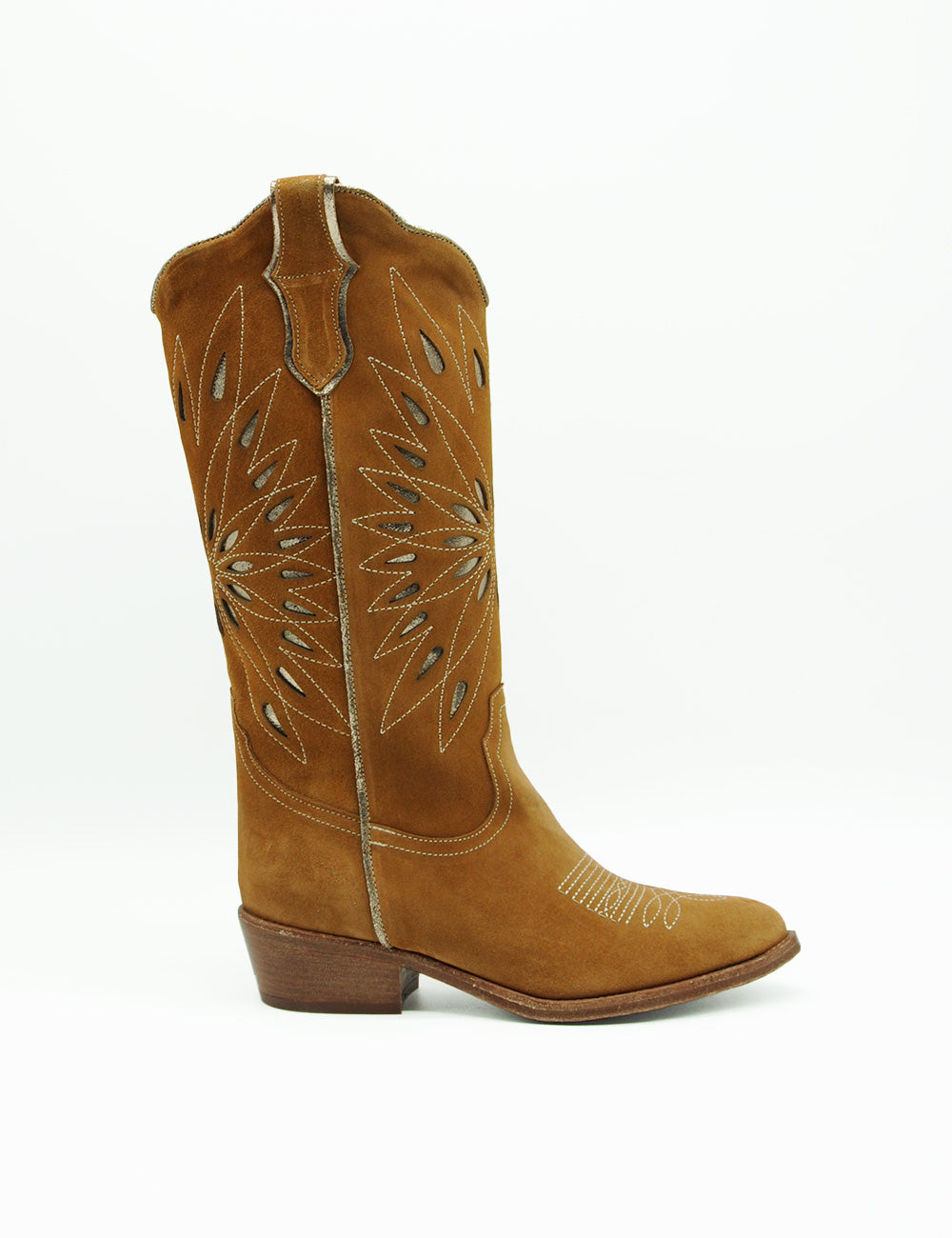 Stivale texano Duccio Del Duca in cuoio tan con tagli floreali intricati