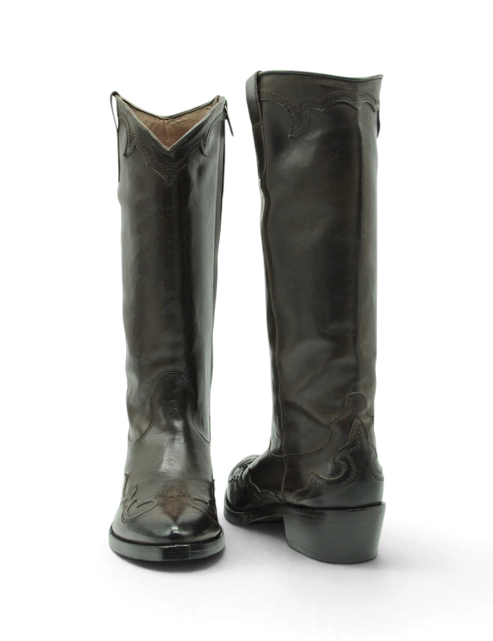 Black leather cowboy boots duccio del duca stivale texano testa moro with stitched patterns and slight sheen