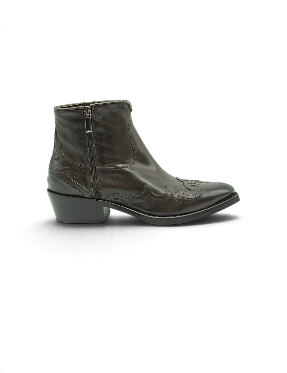 Dark olive leather ankle boot duccio del duca texano basso testa moro with stitched decorative patterns and low block heel