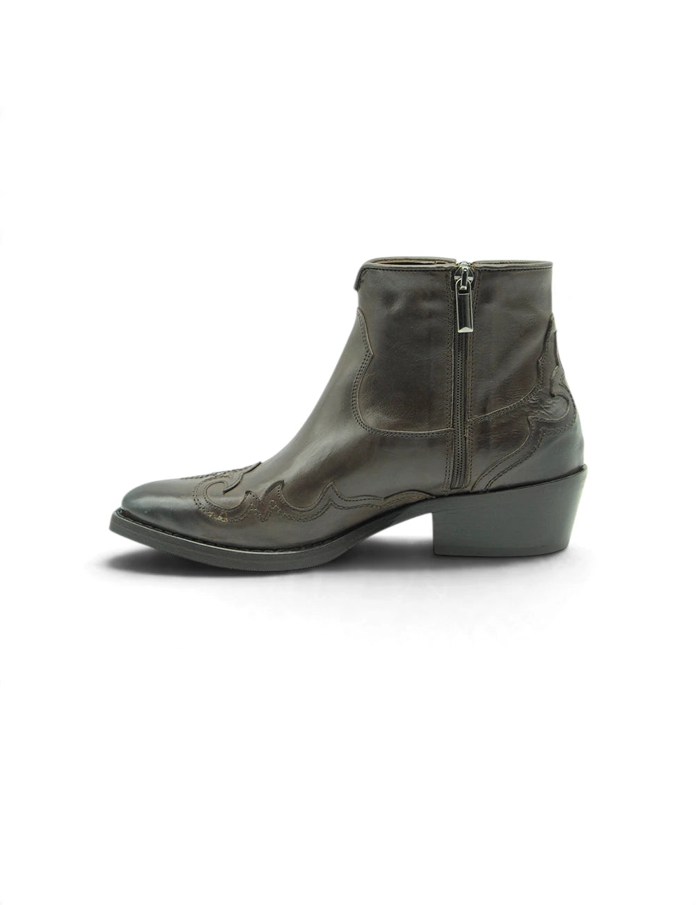 Dark olive green leather ankle boot with stitched patterns and low block heel duccio del duca texano basso testa moro