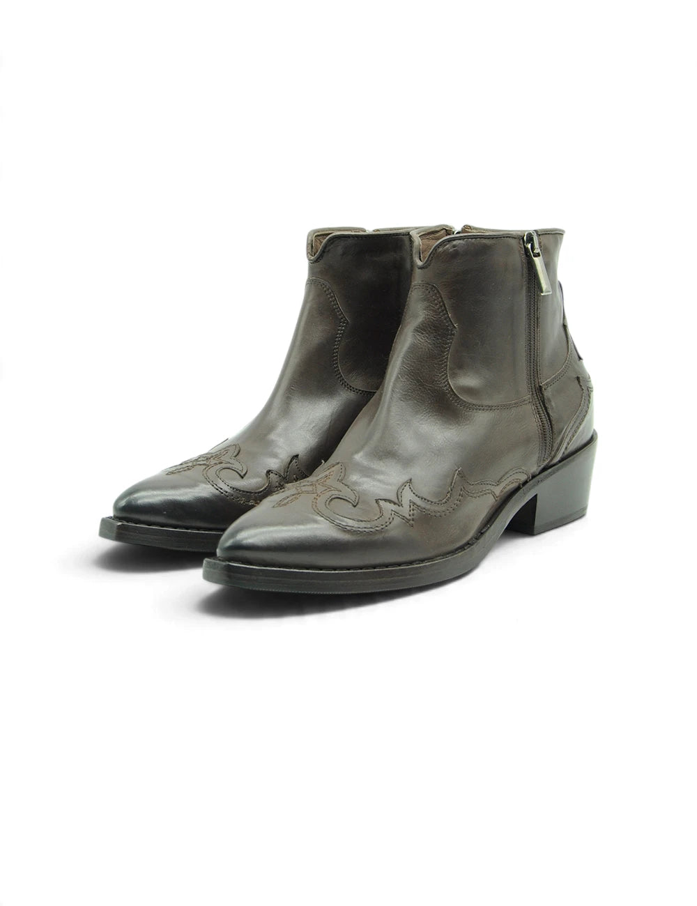 Dark olive green leather ankle boots with stitched flame embroidery and low block heel by Duccio Del Duca