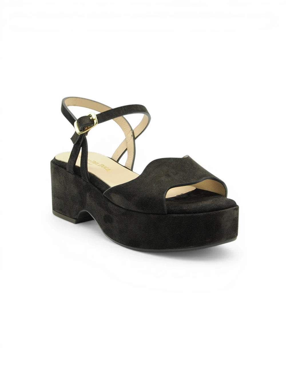 Sandalo Moro Duccio Del Duca in suede nero con fibbia oro e cinghietta incrociata