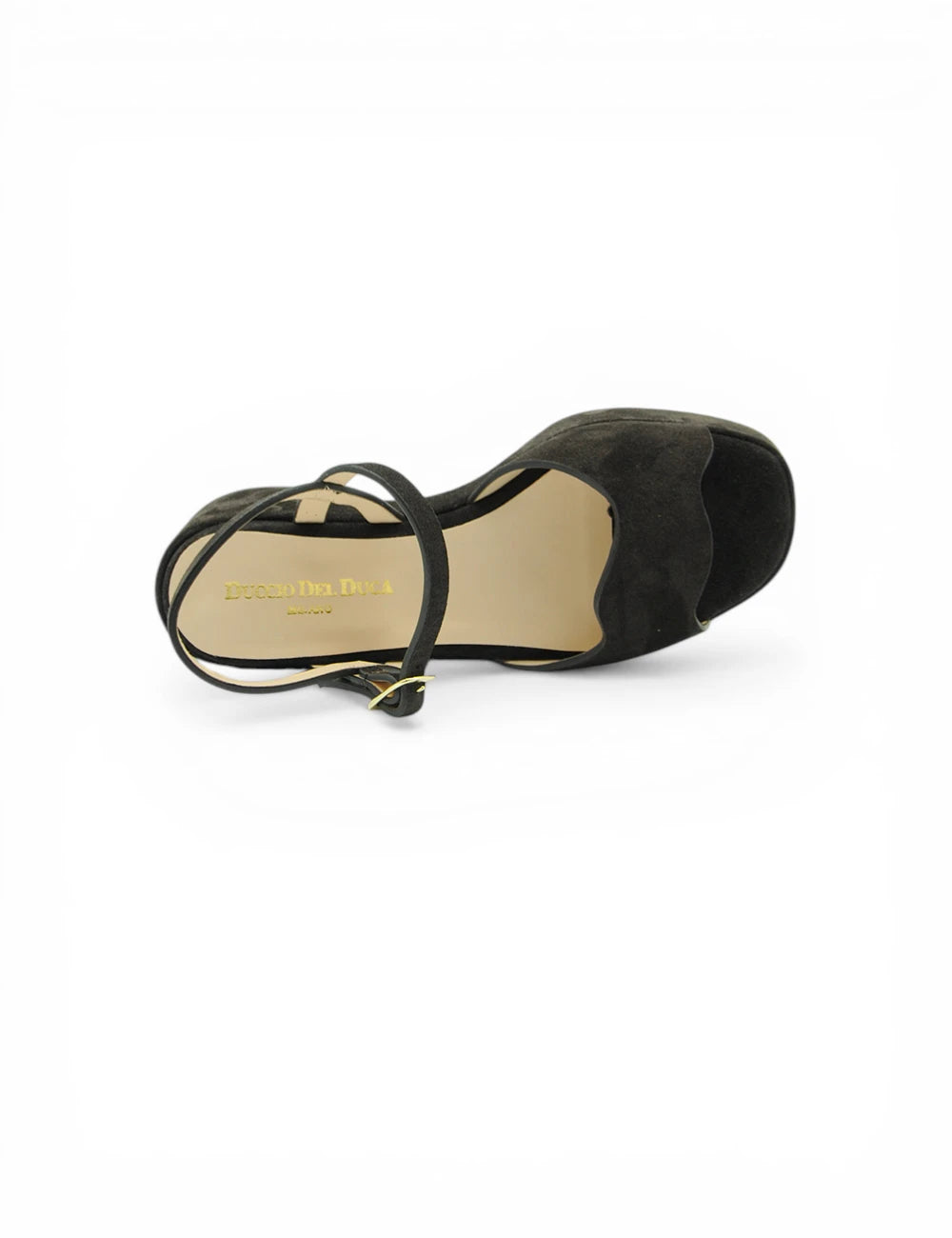 Sandalo Moro Duccio Del Duca in suede nero peep-toe con plateau e fibbia oro