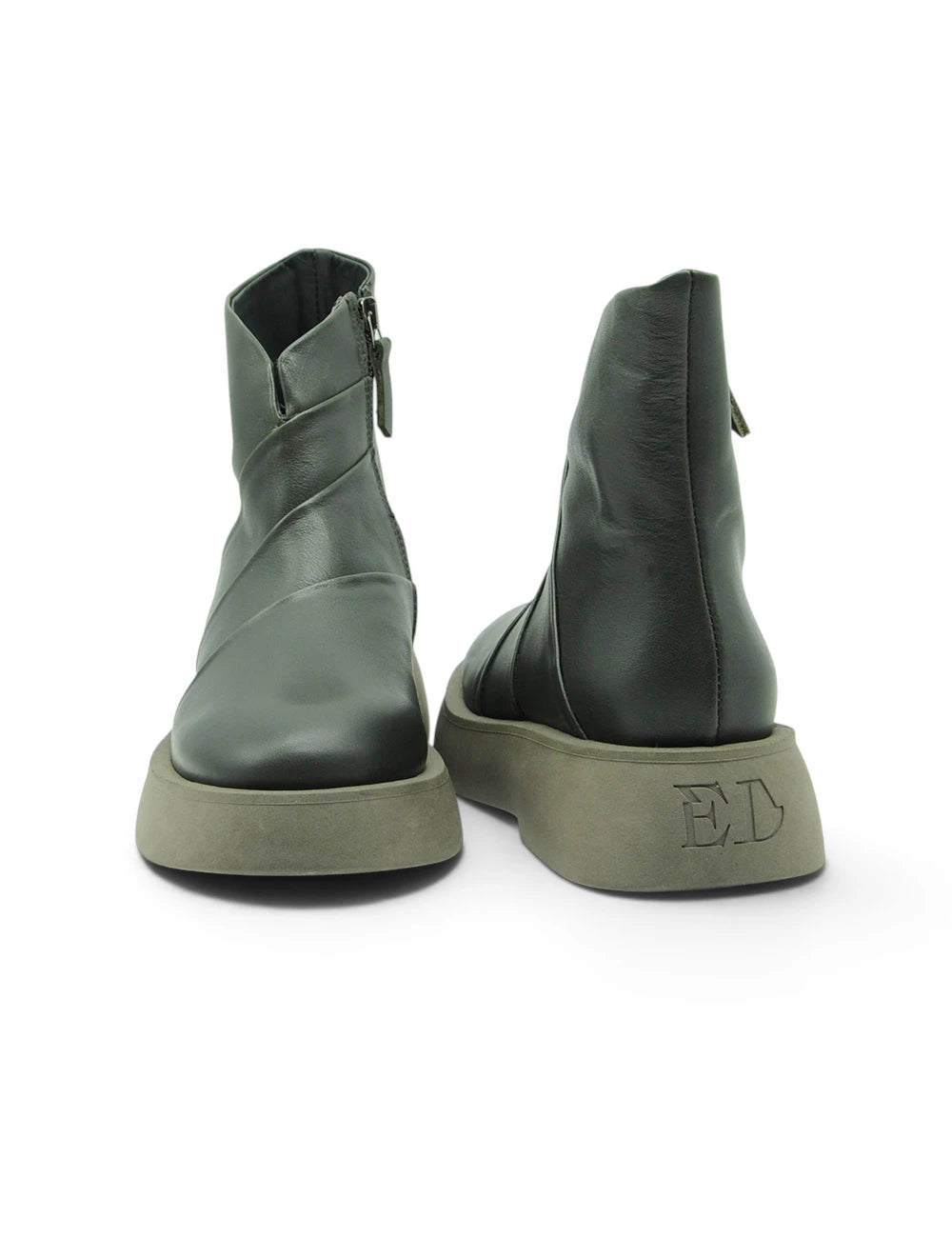 Dark olive green leather ankle boots Ernesto Dolani Stivaletto Bosco with chunky sole and subtle stitching details