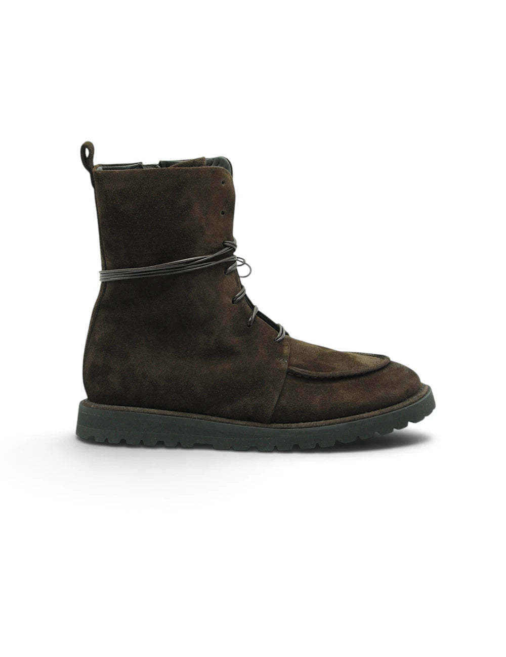 Dark olive suede ankle boot with black laces and chunky rubber sole ernest dolani stivaletto testa moro