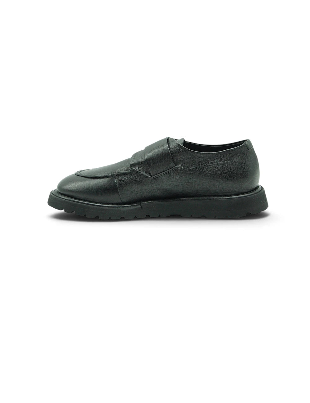 Mocassino slip-on nero ernesto dolani monk nera in pelle con suola chunky in gomma e fascia singola sul collo