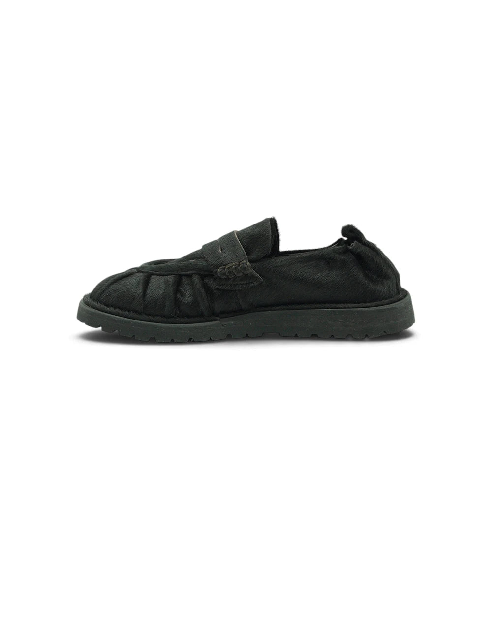 Black suede slip-on loafer with soft textured upper and chunky rubber sole ernesto dolani mocassino testa moro