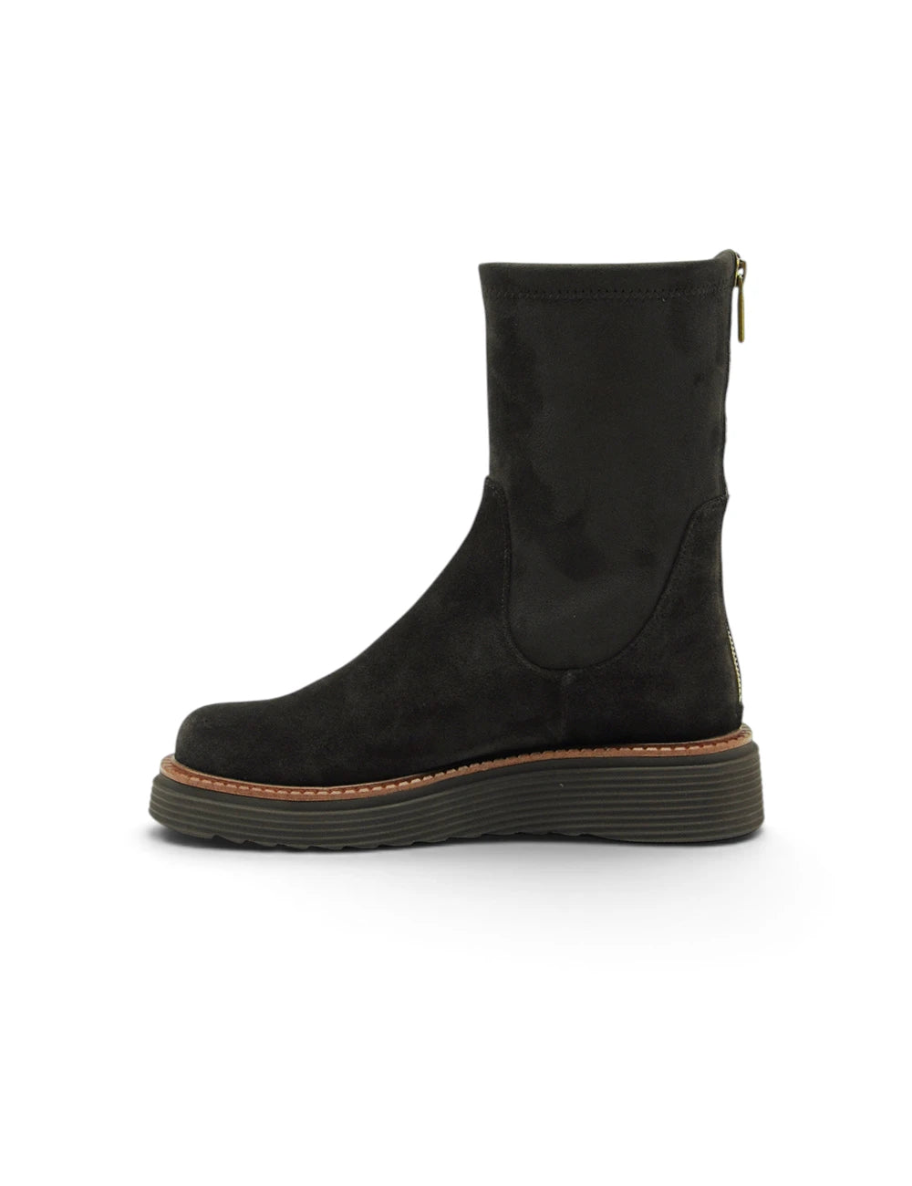 Stivaletto moro elvio zanon in suede nero con suola platform chunky e cuciture marroni vista posteriore