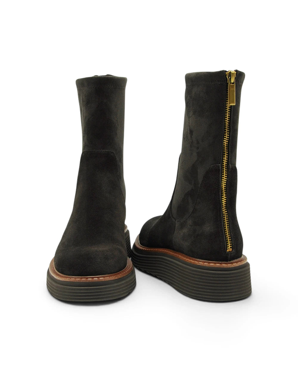 Elvio Zanon stivaletto moro in suede nero con zip oro e suola platform a strati