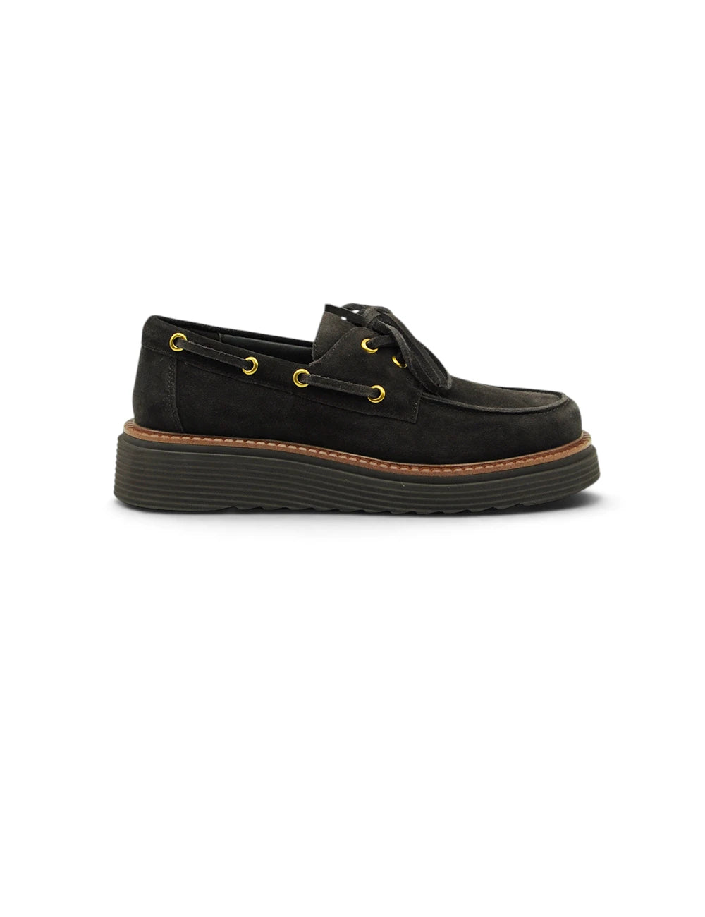 Elvio Zanon mocassino moro in suede nero con occhielli dorati e suola in gomma chunky
