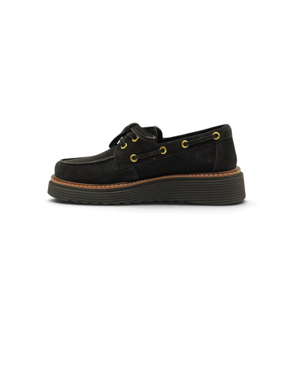 Black suede boat shoe elvio zanon mocassino moro with gold-tone eyelets and chunky platform sole