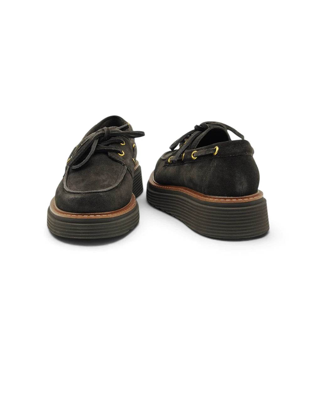 Elvio zanon mocassino moro in camoscio nero con platform, occhielli dorati e suola in gomma marrone