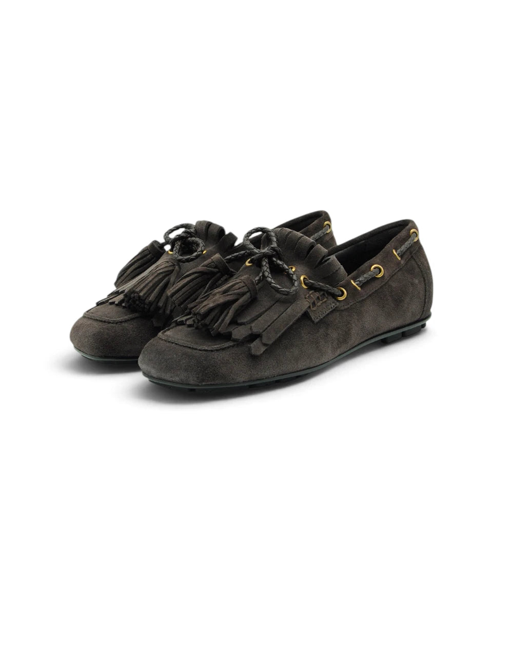 Elvio zanon mocassino driver moro in pelle scamosciata marrone scuro con nappine decorative e occhielli dorati