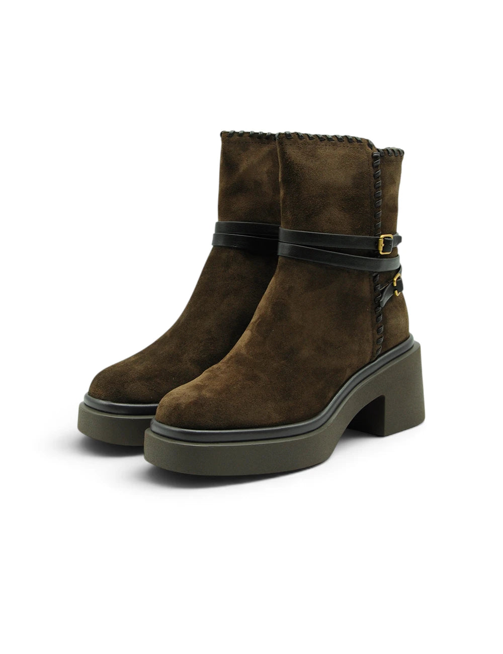 Brown suede stivaletto castoro di elvio zanon con cinghie in pelle nera e fibbie dorate