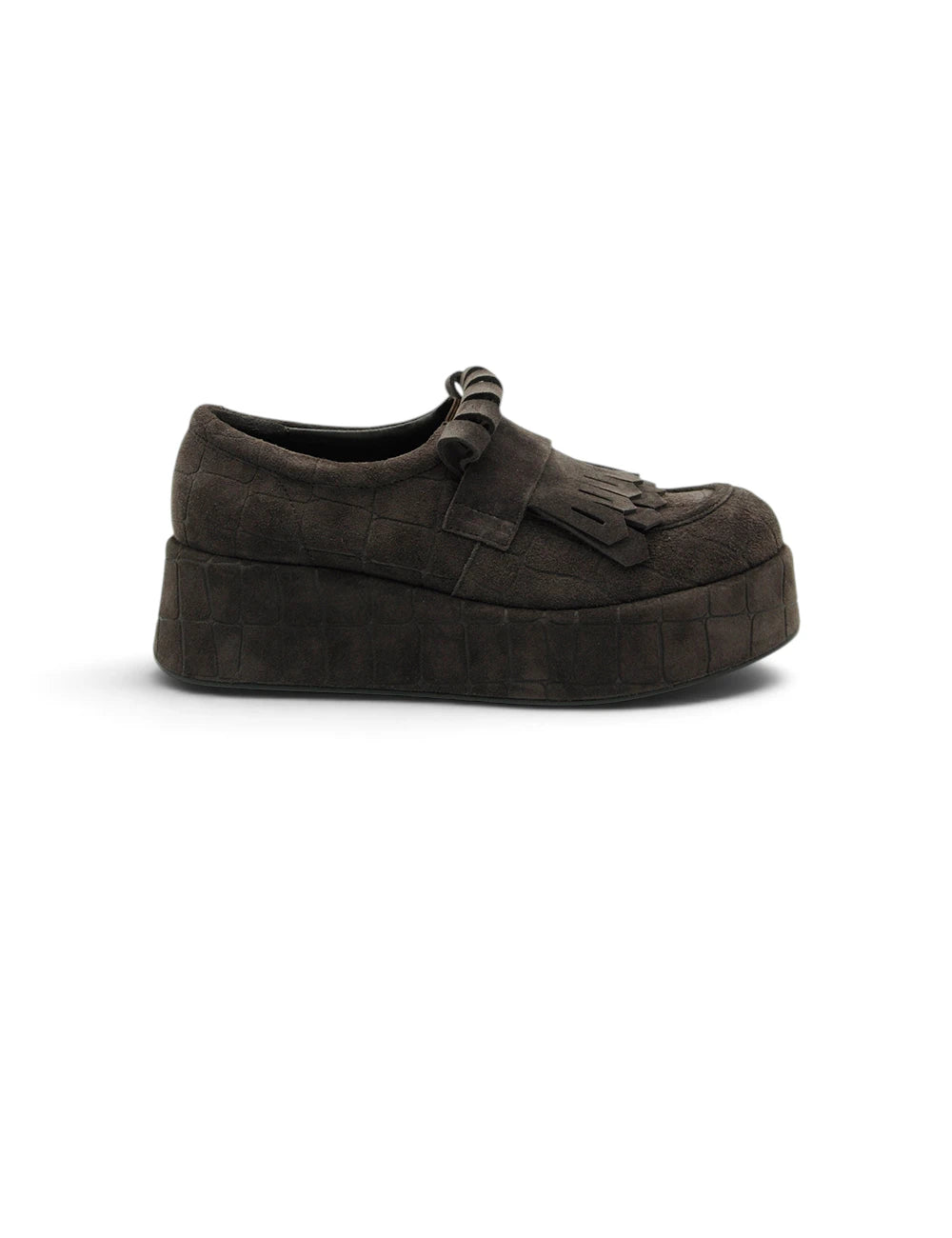 Dark brown suede loafer elvio zanon mocassino platform moro with woven platform sole and decorative tassel detail
