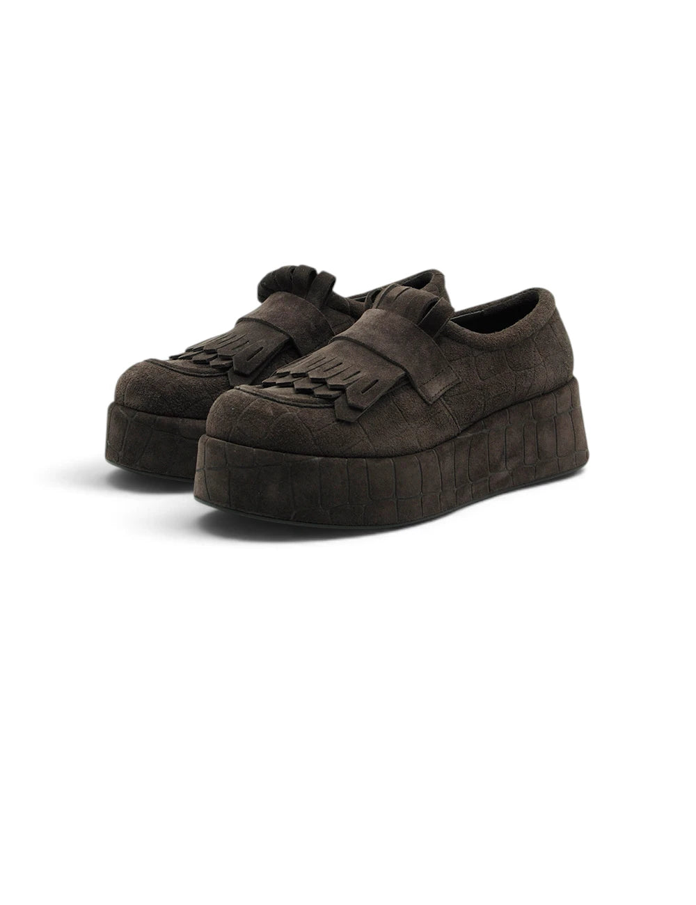 Elvio zanon mocassino platform moro in suede marrone scuro con suola tessuta e nappine decorative sul collo