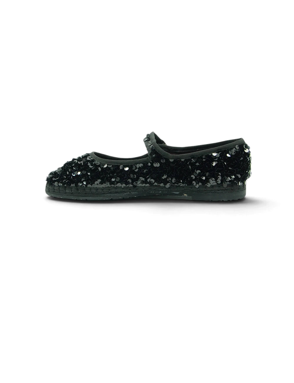 Black sequined mary jane flat shoe with classic strap across the instep from flabelus mary jane little prince collection