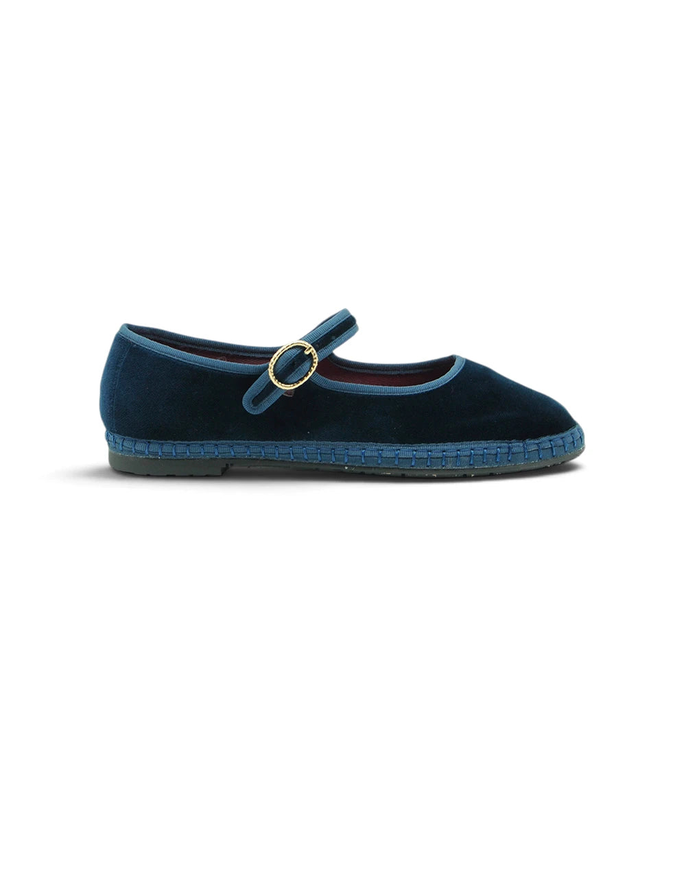 Flat espadrilla mary jane flabelus molly petrolio in velluto blu navy con fibbia dorata e cinturino intrecciato