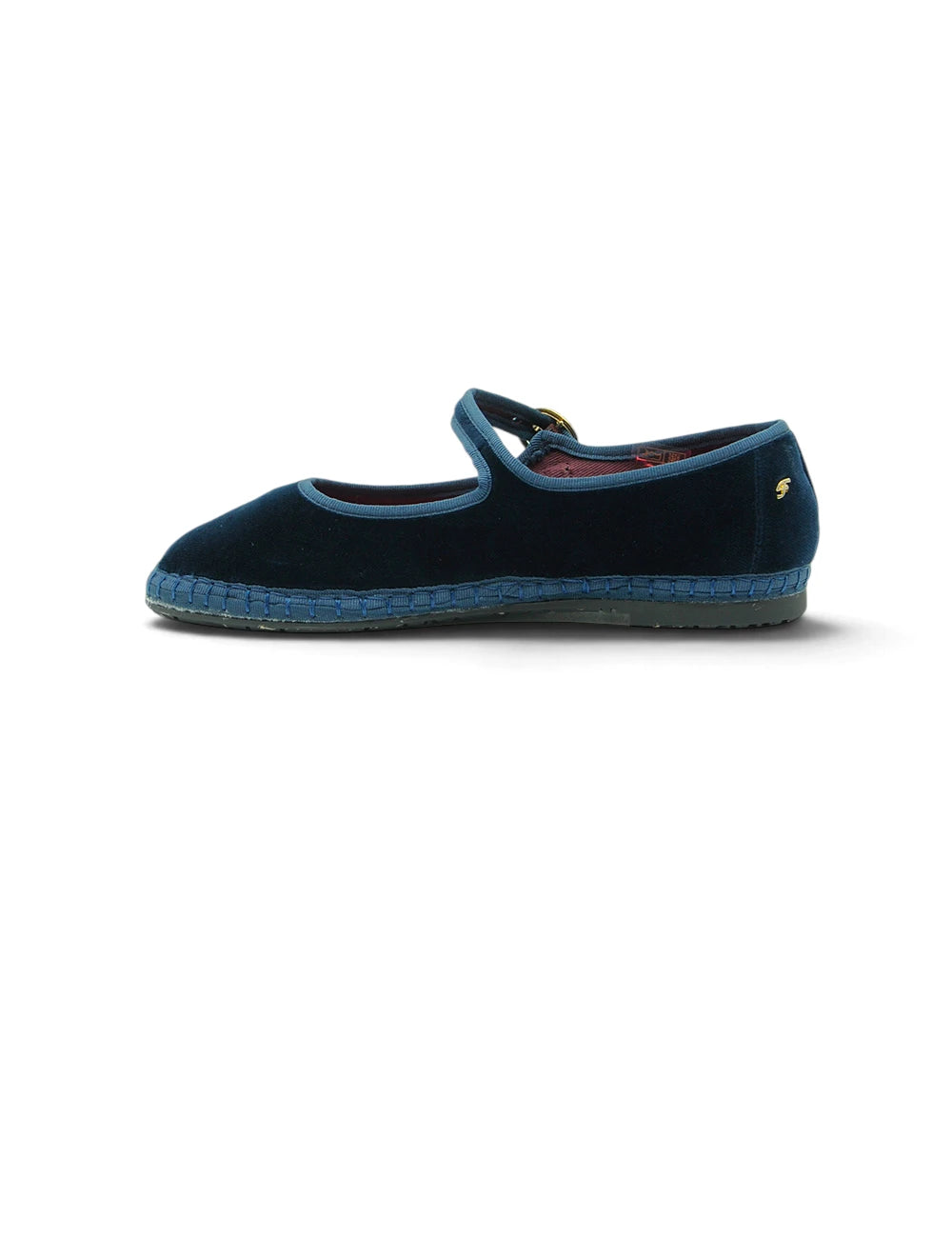 Flabelus mary jane molly petrolio espadrilla piatta in velluto blu petrolio con suola in gomma intrecciata e cinturino alla caviglia