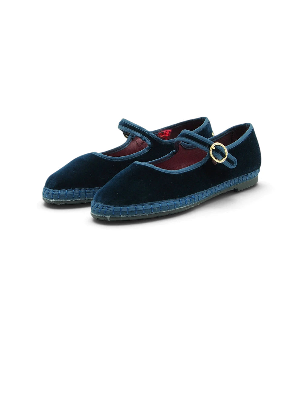 Dark blue velvet espadrille flats flabelus mary jane molly petrolio with gold buckle and braided rope sole