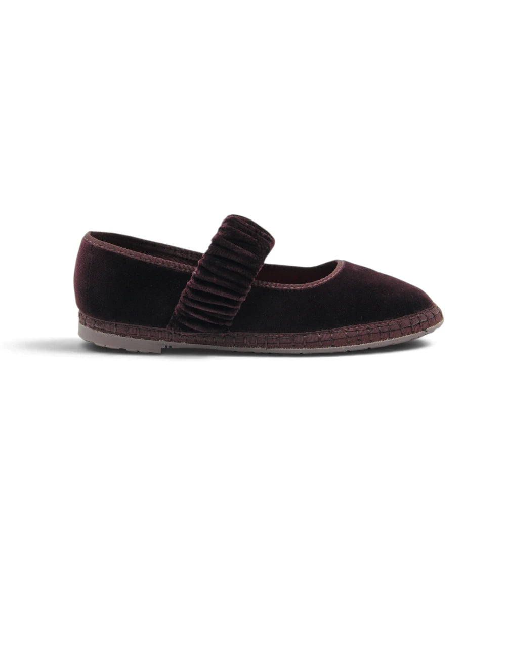 Espadrilla flat in velluto bordeaux scuro con cinturino arricciato e suola in juta intrecciata flabelus mary jane mafalda wine