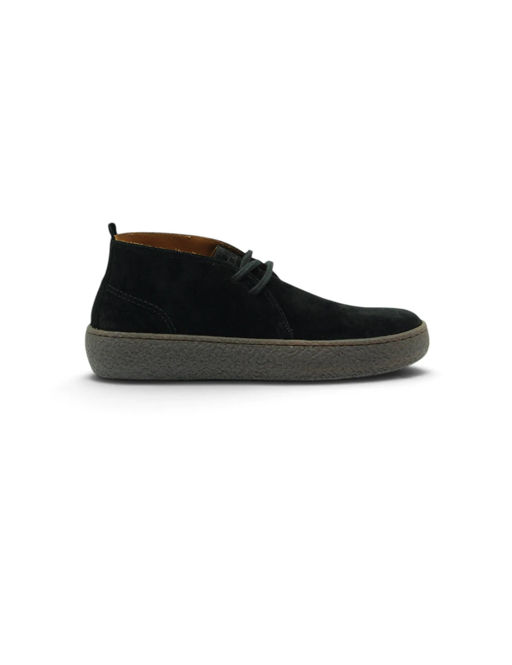 Black suede frau desert boot nero con suola in gomma grigia e fodera interna in pelle marrone